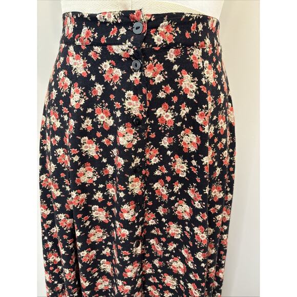 Vintage 90s Floral Button Front MaxiSkirt Black Red Ditsy Print A-Line Lg - Picture 5 of 10